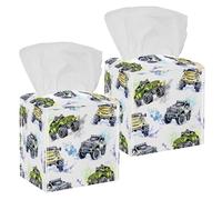 2 fundas cuadradas para caja de pañuelos, diseño de camiones monstruos de dibujos animados, organizador de papel facial, dispensador para tocador, tanque de inodoro, tocador, mesita de noche, encimera