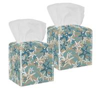 2 fundas cuadradas para caja de pañuelos, diseño de estrella de mar, azul y blanco, organizador de papel facial, dispensador para tocador, tanque, tocador, mesita de noche, encimera, oficina, coche