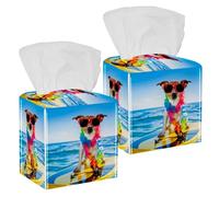 2 fundas cuadradas para caja de pañuelos, diseño de perro surfeando en un barco de surf, organizador de papel facial, dispensador para tocador, tanque de inodoro, tocador, mesita de noche, encimera