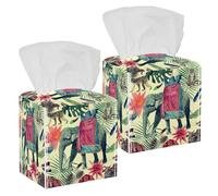 2 fundas cuadradas para caja de pañuelos, elefante indio, monos, plumas de pavo real, patrón de hojas de palma de vaca, estuche de pañuelos de cuero, organizador de papel facial, dispensador para
