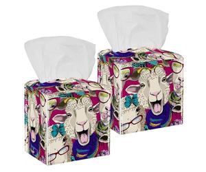 2 fundas cuadradas para caja de pañuelos, gafas de risa de ovejas vestidas, patrón colorido, organizador de papel facial, dispensador para tocador, tanque de inodoro, tocador, mesita de noche