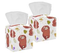 2 fundas cuadradas para caja de pañuelos, lindo perezoso de dibujos animados en posturas de yoga, hojas tropicales, flores, estuche de pañuelos de cuero, organizador de papel facial, dispensador para