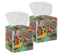 2 fundas cuadradas para caja de pañuelos, mandalas de tribu india vintage, patrón de flores florales, estuche de pañuelos de cuero, organizador de papel facial, dispensador para tocador, tanque