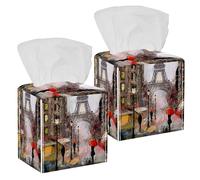 2 fundas cuadradas para caja de pañuelos, torre Eiffel de Francia, personas bajo paraguas rojo, pintura al óleo de la calle, estuche de pañuelos de cuero, organizador de papel facial, dispensador para