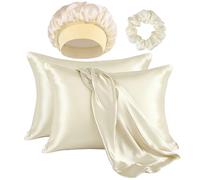 2 fundas de almohada de seda beige con elástico de seda, para dormir, campana extractora de seda para cabello y piel