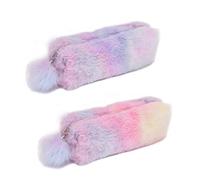 2 fundas para lápices, 21 cm, de felpa de arco iris, bolsa de maquillaje esponjosa, bolsa de cosméticos con bola de pompón para la escuela de niños