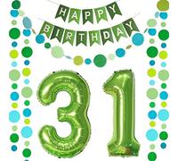 2 globos con el número 31 verde + guirnalda Happy Birthday + guirnalda verde para 31 cumpleaños, decoración de cumpleaños para hombres y mujeres, 31 años, 31 globos para 31 cumpleaños