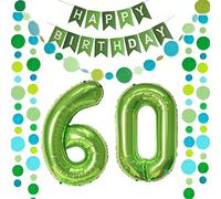 2 globos con el número 60 verde + guirnalda Happy Birthday + guirnalda verde para 60 cumpleaños, decoración para hombres y mujeres, 60 años, diseño de hombre y mujer, color verde