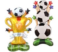 2 globos de fútbol para decoración de cumpleaños, globos de fútbol grandes de pie y globos de papel de aluminio de trofeo para la Copa del Mundo, decoración de fiesta temática de fútbol, suministros