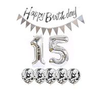 2 globos número 15 + guirnalda de feliz cumpleaños + globo de papel de aluminio plateado decoración de 15 cumpleaños + 5 globos de confeti niño niña 15 años decoración de cumpleaños número globo 15 globos 15 cumpleaños