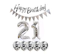 2 globos número 21 + guirnalda de feliz cumpleaños + globo de papel de aluminio plateado decoración de 21 cumpleaños + 5 globos de confeti niño niña 21 años decoración de cumpleaños número globo 21 globos 21 cumpleaños
