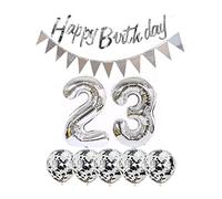 2 globos número 23 + guirnalda de feliz cumpleaños + globo de papel de aluminio plateado decoración de 23 cumpleaños + 5 globos de confeti niño niña 23 años decoración de cumpleaños número globo 23 globos 23 cumpleaños