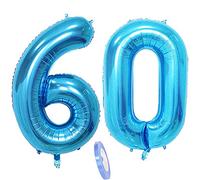 2 globos numeros 60 años, Number globo número 60 azul para Hombres Mujeres, 40" Figuras azules globo de lámina de helio inflable, gigante grande decoración fiesta de boda cumpleaños (xxxl 100cm)