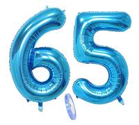 2 globos numeros 65 años, Number globo número 65 azul para Hombres Mujeres, 40" Figuras azules globo de lámina de helio inflable, gigante grande decoración fiesta de boda cumpleaños (xxxl 100cm)