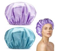 2 gorros de ducha grandes impermeables de 32 cm, gorros de baño reutilizables para mujeres, sombreros de baño de doble capa y gorro de pelo, elegante gorro de pelo con banda elástica para adultos