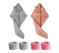 2 Gorros De Ducha Y 2 Pares De Muñequeras Antihumedad, Gorro Absorbente Para Secar El Cabello, Accesorios De Baño, Lindo Gorro Para Secar El Cabello De Dibujos Animados