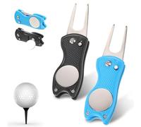2 herramientas de reparación de divot de golf, herramienta plegable de metal, herramienta de reparación de marcas de paso de golf, herramienta de divot plegable con botón desplegable y marcador