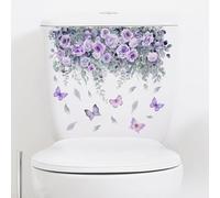 2 hojas de calcomanías de flores moradas para tapa de plantas, rosas, mariposas, decoración de pared de baño, calcomanías de tapa, accesorios de inodoro