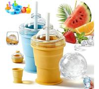 2-in-1 Collapsible Silicone Ice Ball Maker Cup, Foldable Ice Hockey Cup, Reusable Portable IceSphere Mold with Straw & Lid, Leakproof ICES Ball Coffee Cups for Camping, Office, Cocktails (Mix)