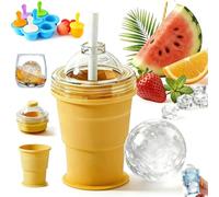 2-in-1 Collapsible Silicone Ice Ball Maker Cup, Foldable Ice Hockey Cup, Reusable Portable IceSphere Mold with Straw & Lid, Leakproof ICES Ball Coffee Cups for Camping, Office, Cocktails (Yellow)