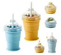 2-in-1 Collapsible Silicone Ice Ball Maker Cup,Portable Foldable Ice Sphere Mold with Built-in Straw & Lid,Reusable Easy Demolding Leakproof Hockey Cup for Camping,Office,Travel (Blue+Yellow)