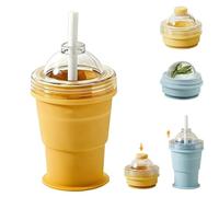 2-in-1 Collapsible Silicone Ice Ball Maker Cup,Portable Foldable Ice Sphere Mold with Built-in Straw & Lid,Reusable Easy Demolding Leakproof Hockey Cup for Camping,Office,Travel (Yellow)