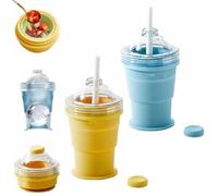 2-in-1 Foldable Ice Hockey Cup,Portable Foldable Ice Hockey Cup with Straw & Leakproof Lid,Summer Cold Drink Cup,With Ice Ball Mold,Suitable For Coffee,Beverages,Juice,Beer,Whiskey (Y+B)