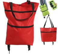 2-In-1 Foldable Shopping Cart, Foldable Shopping Bag with Wheels, Portable Folding Shoppings Trolley Bag, Lightweight Collapsible, Reusable Tote Bag for Supermarket, Travel, Laundry, Home (Red)