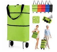 2-in-1 Foldable Shopping Cart, Shopping Bag on Wheels, Folding Trolley，Green