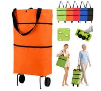 2-in-1 Foldable Shopping Cart, Shopping Bag on Wheels, Folding Trolley，Orange