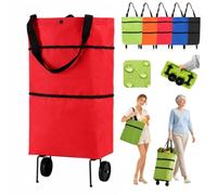 2-in-1 Foldable Shopping Cart, Shopping Bag on Wheels, Folding Trolley，Red