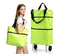 2-in-1 Folding Shopping Bag with Wheels, Compact Daily Transport (Green,10L)