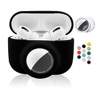 2 in 1 Protective Case for Apple AirPods Pro Air Tag Holder Combo, Soft Silicone Airpods Pro AirTag Case with 2 PCS Screen Protector, Anti-Scratch Anti-Fall Anti-Lost Shockproof Durable(Black)