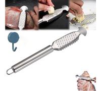 2-in-1 Stainless Steel Fish Scaler + Ginger Grater. 9 Inch Stainless Steel Fish Descaler Tool with Hanging Handle, Kitchen Tool for Pro Scale Remover (A,1pcs)