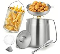 2-in-1 Stainless Steel Oil Strainer Pot, 70oz Large Capacity Multifunctional Fryer Pot with Fine Mesh Strainer, Frying Basket & Tong, Oil Filter Pot for Kitchen, Camping Cooking (2L)