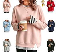 2 in 1 Tunic Tops for Women, Layered Crewneck Long Sleeve Casual Sweatshirt | 2 In 1 Layered Tunic Tops For Women,Oversized Sweatshirt,Striped Trim Patchwork,Loose Fit,Faux Two-Piece Look Side-Slit Tunic