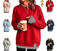 2 in 1 Tunic Tops for Women, Layered Crewneck Long Sleeve Casual Sweatshirt | 2 In 1 Layered Tunic Tops For Women,Oversized Sweatshirt,Striped Trim Patchwork,Loose Fit,Faux Two-Piece Look Side-Slit Tunic