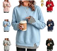 2 in 1 Tunic Tops for Women, Layered Crewneck Long Sleeve Casual Sweatshirt | 2 In 1 Layered Tunic Tops For Women,Oversized Sweatshirt,Striped Trim Patchwork,Loose Fit,Faux Two-Piece Look Side-Slit Tunic