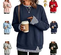 2 in 1 Tunic Tops for Women, Layered Crewneck Long Sleeve Casual Sweatshirt | 2 In 1 Layered Tunic Tops For Women,Oversized Sweatshirt,Striped Trim Patchwork,Loose Fit,Faux Two-Piece Look Side-Slit Tunic