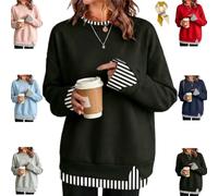 2 in 1 Tunic Tops for Women, Layered Crewneck Long Sleeve Casual Sweatshirt | 2 In 1 Layered Tunic Tops For Women,Oversized Sweatshirt,Striped Trim Patchwork,Loose Fit,Faux Two-Piece Look Side-Slit Tunic