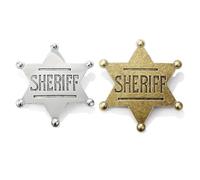 2 insignias de sheriff, insignia única de sheriff para adultos, resistente a la corrosión y duradera, broche de aleación de letras hexagonales retro de estrella, decoración temática de cumpleaños,