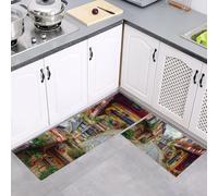 2 Juegos de Almohadillas de Cocina, Alfombras Antideslizantes de Respaldo, Calle Arquitectura Pueblo Fotografía Juegos de Absorción de Agua, Lavables a Máquina, Vistoso, 40x60cm+40x120cm