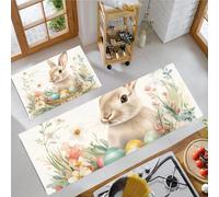 2 Juegos de Almohadillas de Cocina, Alfombras Antideslizantes de Respaldo, Conejito De Pascua Imágenes Prediseñadas Juegos de Absorción de Agua, Lavables a Máquina, Arroz, 43x75cm+43x150cm