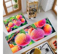 2 Juegos de Almohadillas de Cocina, Alfombras Antideslizantes de Respaldo, Melocotones Gotas De Agua Pintura Al Óleo Juegos de Absorción de Agua, Lavables a Máquina, Rosa Verde, 40x60cm+40x120cm