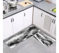 2 Juegos de Almohadillas de Cocina, Alfombras Antideslizantes de Respaldo, Montañas Pueblos Paisajes Naturales Juegos de Absorción de Agua, Lavables a Máquina, Blanco y Negro, 43x75cm+43x150cm