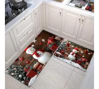 2 Juegos de Almohadillas de Cocina, Alfombras Antideslizantes de Respaldo, Muñeco De Nieve Tema De Regalo Navidad Juegos de Absorción de Agua, Lavables, Marrón, 43x75cm+43x150cm