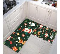 2 Juegos de Almohadillas de Cocina, Alfombras Antideslizantes de Respaldo, Papá Noel Renos Muñeco De Nieve Tema Navideño Juegos de Absorción de Agua, Lavables, Verde Oscuro, 40x60cm+40x120cm