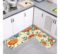 2 Juegos de Almohadillas de Cocina, Alfombras Antideslizantes de Respaldo, Tulipanes Peonías Y Flores Vintage Juegos de Absorción de Agua, Lavables a Máquina, Blanquecino, 43x75cm+43x150cm