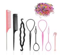 2 juegos de herramientas de trenzado de pelo, con 500 anillos de goma pequeños, herramienta de sujeción de pelo de cola, accesorios de trenza, rizador, adecuado para mujeres niñas (rosa, negro)