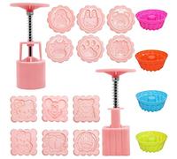 2 juegos de máquinas formadoras de pasteles de luna, equipados con 12 sellos y 4 moldes de silicona para pasteles, moldes de pastel de luna de dibujos animados redondos y cuadrados de 50 g